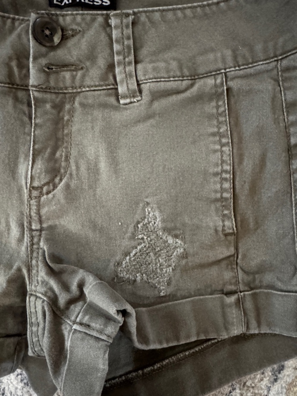 Express Olive Green - Brown Distressed Denim Shorts sz 00 - Picture 3 of 8